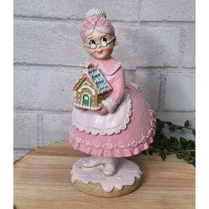 Pink Mrs Claus Baker Gingerbread House Statue Figure Bakery Christmas 8" NEW